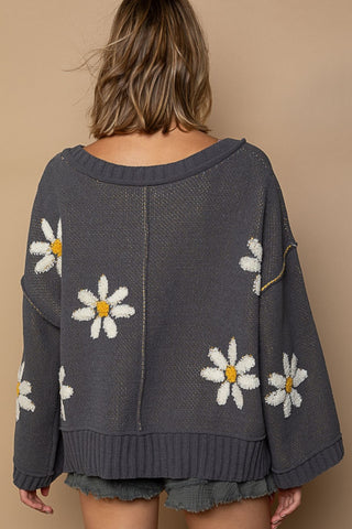 POL V-Neck Floral Pattern Chenille Sweater Trendsi