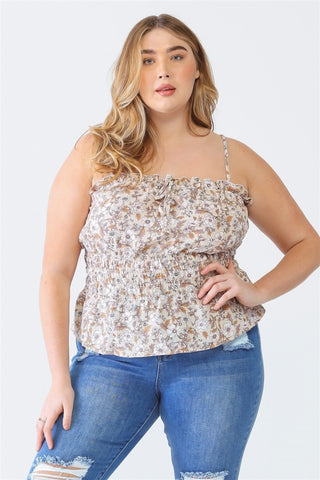 Zenobia Plus Size Frill Floral Square Neck Cami Trendsi