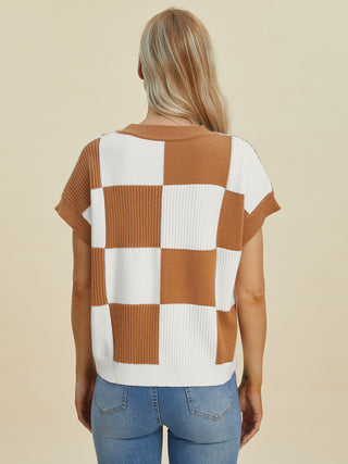 Double Take Full Size Checkered Round Neck Short Sleeve Sweater Trendsi