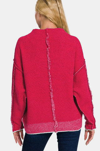 Zenana Exposed Seam Mock Neck Long Sleeve Sweater Trendsi