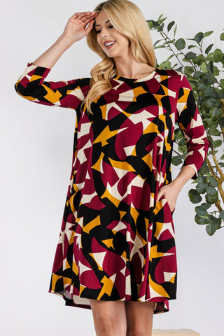 Celeste Full Size Geometric Round Neck Dress with Pockets Trendsi