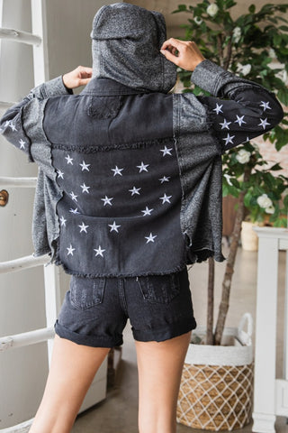 Veveret Star Embroidered Hooded Denim Jacket Trendsi