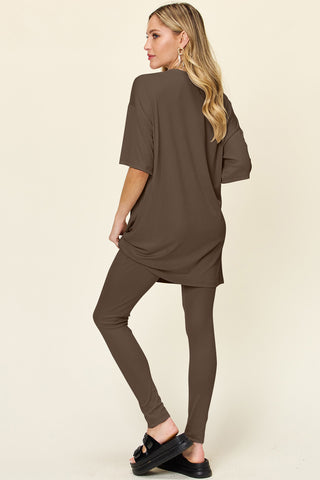 Double Take Full Size Round Neck Dropped Shoulder T-Shirt and Leggings Set Trendsi