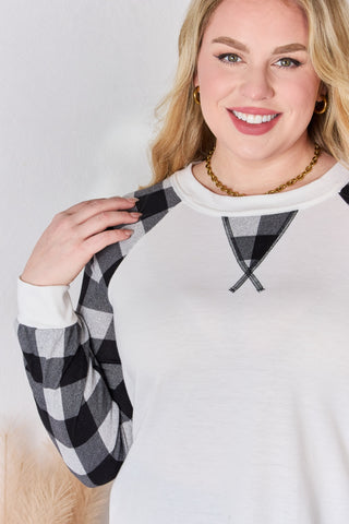 Hailey & Co Full Size Plaid Raglan Sleeve Round Neck Blouse Trendsi