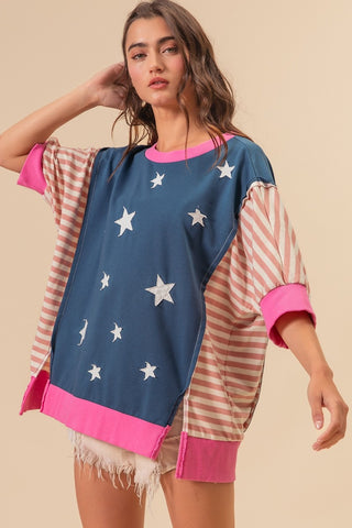 BiBi US Flag Theme Color Block Star Patch T-Shirt Trendsi