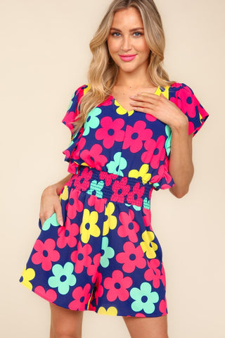 Haptics Floral Smocked Waist Romper with Side Pockets Trendsi