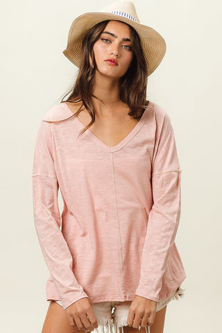 BiBi Exposed Seam V-Neck Long Sleeve T-Shirt Trendsi