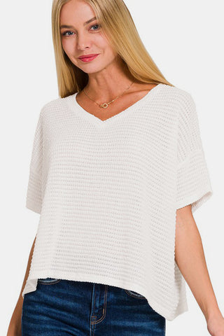 Zenana Drop Shoulder Short Sleeve Jacquard Knit Top Trendsi