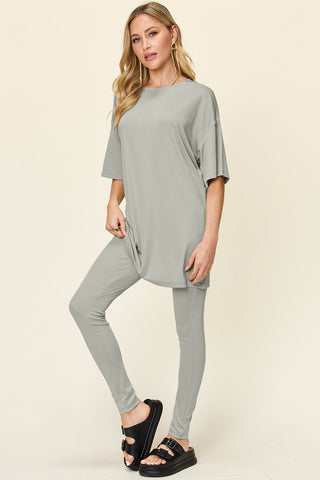 Double Take Full Size Round Neck Dropped Shoulder T-Shirt and Leggings Set Trendsi