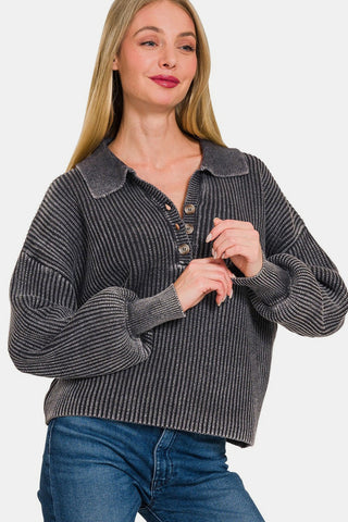 Zenana Washed Half Button Long Sleeve Sweater Trendsi