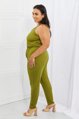 Capella Comfy Casual Full Size Solid Elastic Waistband Jumpsuit in Chartreuse Trendsi