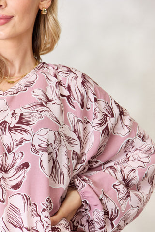 Heimish Full Size Floral V-Neck Balloon Sleeve Blouse Trendsi