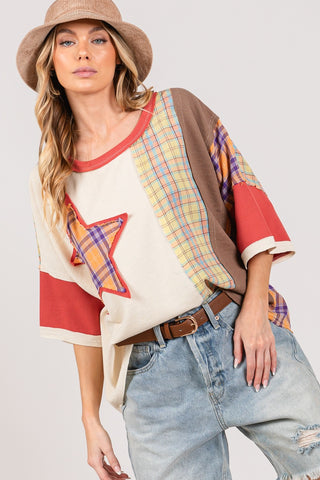 SAGE + FIG Round Neck Plaid Star Patch T-Shirt Trendsi