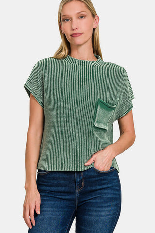 Zenana Washed Mock Neck Short Sleeve Cropped Sweater Trendsi