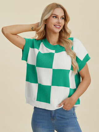 Double Take Full Size Checkered Round Neck Short Sleeve Sweater Trendsi