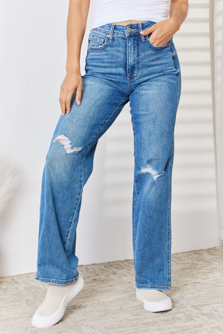 Judy Blue Full Size High Waist Distressed Straight-Leg Jeans Trendsi