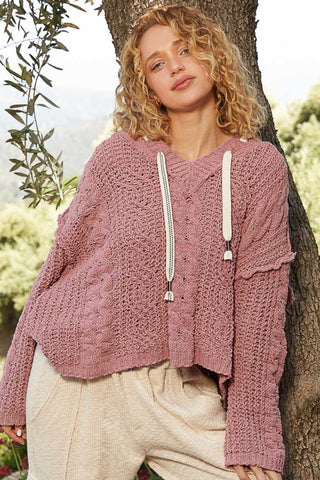 POL Cable Knit Hooded Chenille Sweater Trendsi