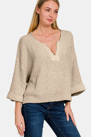 Zenana Notched Side Slit Patch Sweater Trendsi