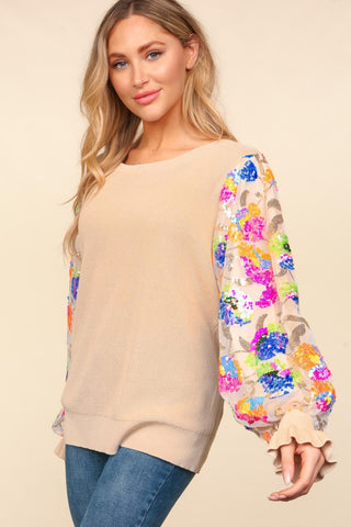 Haptics Floral Sequins Mesh Flounce Sleeve Sweater Trendsi