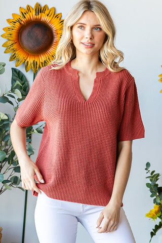 First Love Notched Short Sleeve Knit Top Trendsi