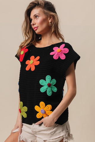 BiBi Flower Round Neck Cap Sleeve Knit Top Trendsi