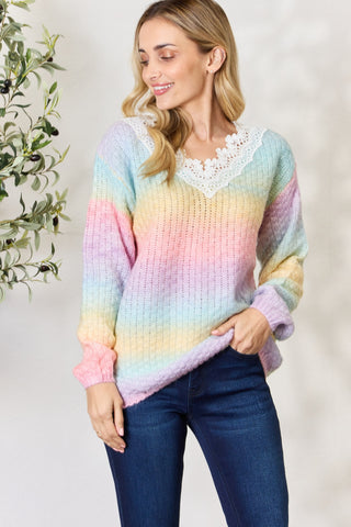 BiBi Rainbow Gradient Crochet Deetail Sweater Trendsi