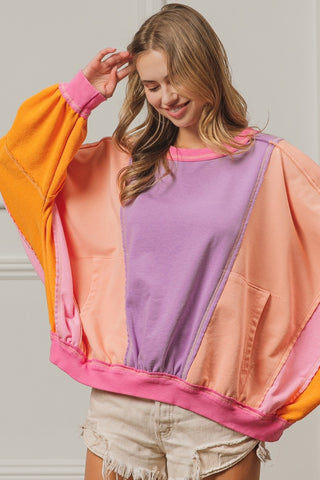 BiBi Color Block Exposed Seam Sweatshirt with Pockets Trendsi