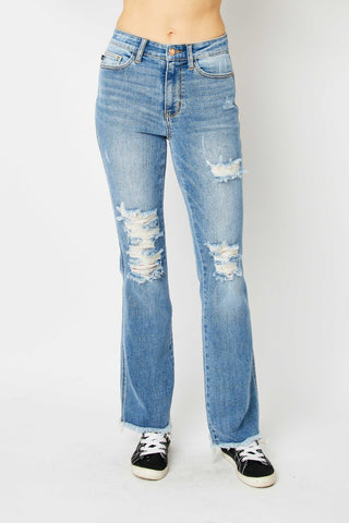 Judy Blue Full Size Distressed Raw Hem Bootcut Jeans Trendsi