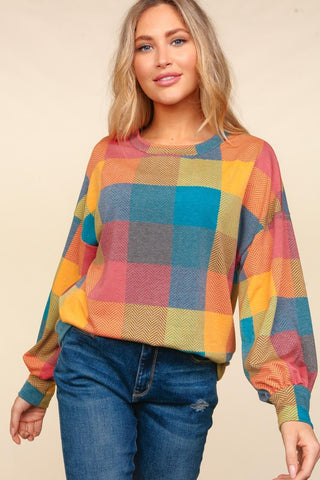 Haptics Round Neck Color Block Plaid Top Trendsi