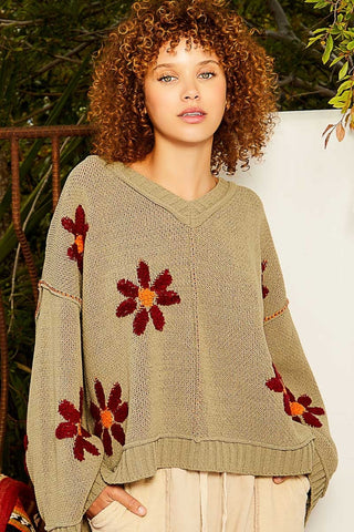 POL V-Neck Floral Pattern Chenille Sweater Trendsi