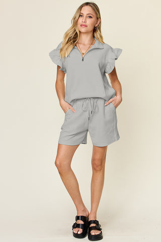 Double Take Full Size Texture Flounce Sleeve Top and Drawstring Shorts Set Trendsi