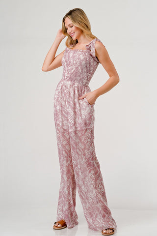 GeeGee Printed Tie Shoulder Wide Leg Jumpsuit Trendsi