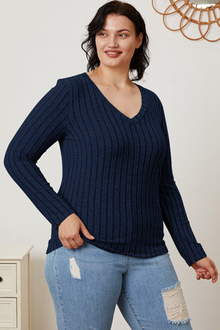 Basic Bae Full Size Ribbed V-Neck Long Sleeve T-Shirt Trendsi