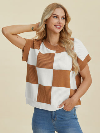 Double Take Full Size Checkered Round Neck Short Sleeve Sweater Trendsi