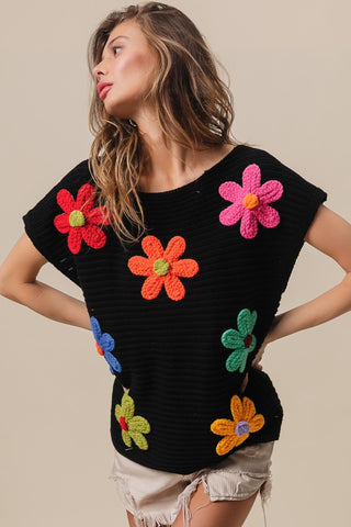 BiBi Flower Round Neck Cap Sleeve Knit Top Trendsi