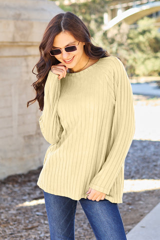 Basic Bae Full Size Ribbed Round Neck Long Sleeve Knit Top Trendsi