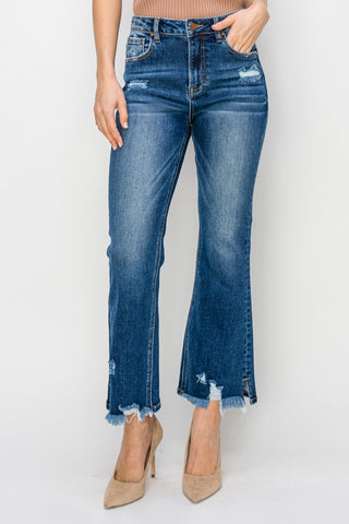 RISEN High Waist Raw Hem Flare Jeans Trendsi