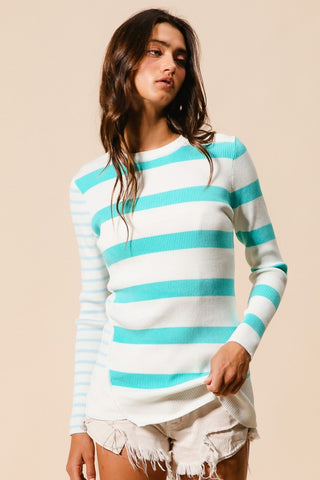 BiBi Contrast Striped Asymmetrical Hem Knit Top Trendsi