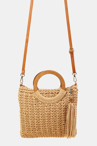 Fame Crochet Knit Convertible Tote Bag with Tassel Trendsi