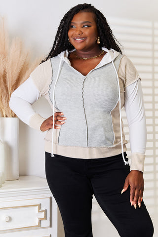 Double Take Color Block Exposed Seam Drawstring Hoodie Trendsi