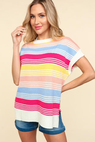 Haptics Striped Side Slit Short Sleeve Knit Top Trendsi