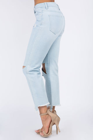 American Bazi High Waist Distressed Raw Hem Jeans Trendsi