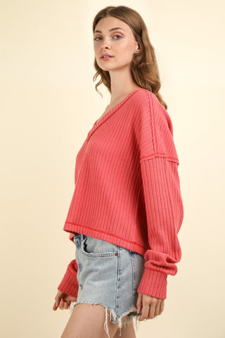 VERY J Exposed Seam V-Neck Ribbed Knit Top Trendsi