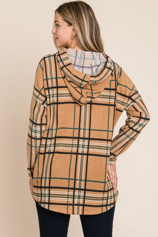 BOMBOM Drawstring Plaid Long Sleeve Hoodie Trendsi