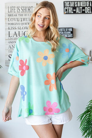 HOPELY Floral Waffle Oversize T-Shirt Trendsi