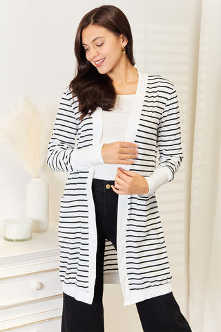 Double Take Striped Open Front Longline Cardigan Trendsi