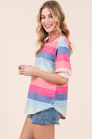 BOMBOM Striped Round Neck Half Sleeve T-Shirt Trendsi