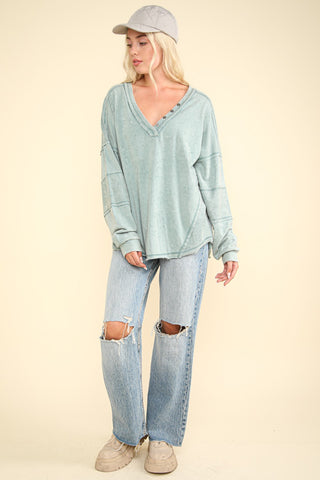 VERY J Washed V-Neck Exposed Seam Knit Top Trendsi