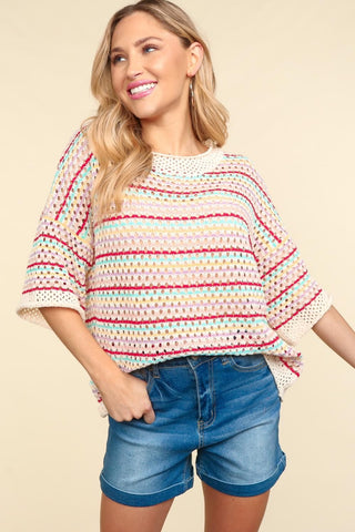 Haptics Striped Crochet Drop Shoulder Knit Top Trendsi