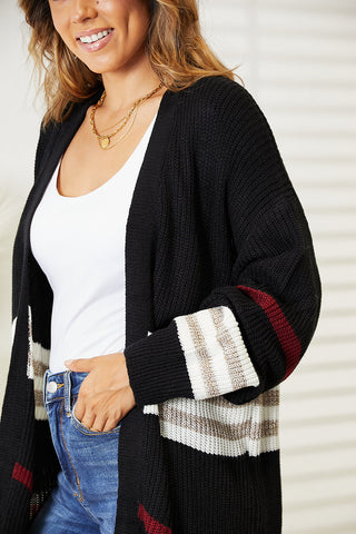 Perfee Striped Rib-Knit Drop Shoulder Open Front Cardigan Trendsi